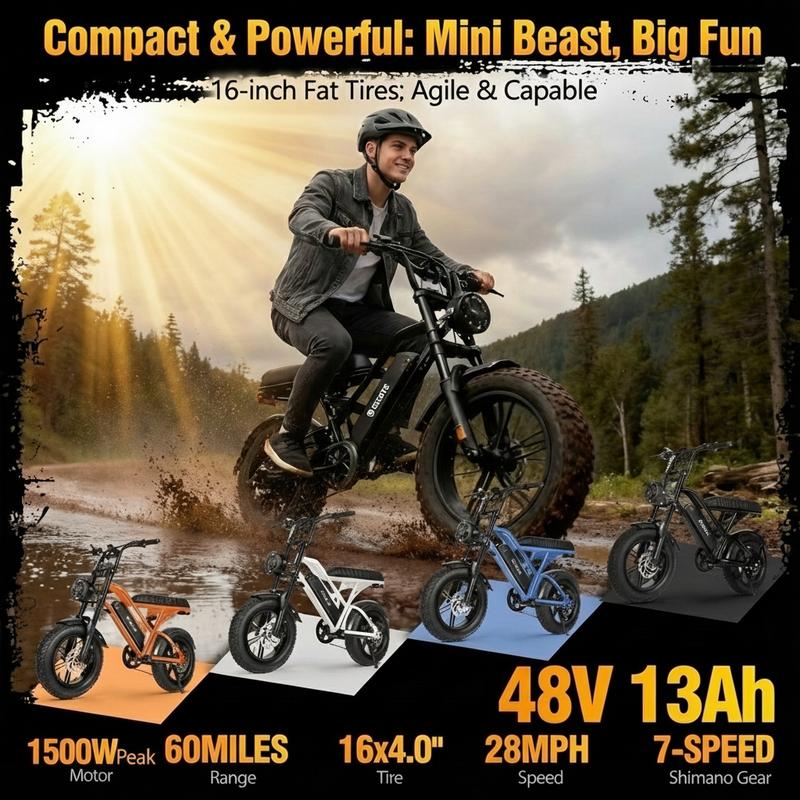 ESKUTE V100 E-Bike for Adults, 16\" All-Terrain Fat Tire Electric Bicycle