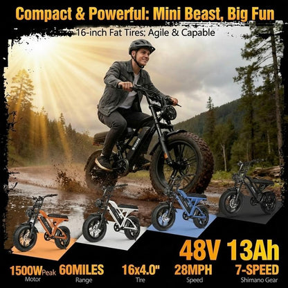 ESKUTE V100 E-Bike for Adults, 16\" All-Terrain Fat Tire Electric Bicycle