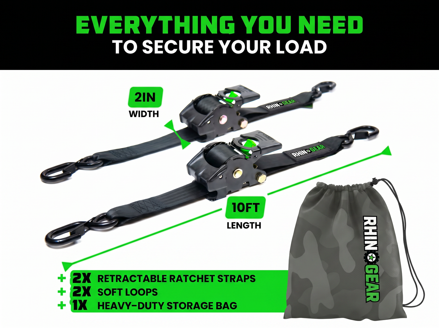 RhinoGear 1" x 10' Retractable Ratchet Straps