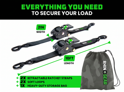 RhinoGear 1" x 10' Retractable Ratchet Straps